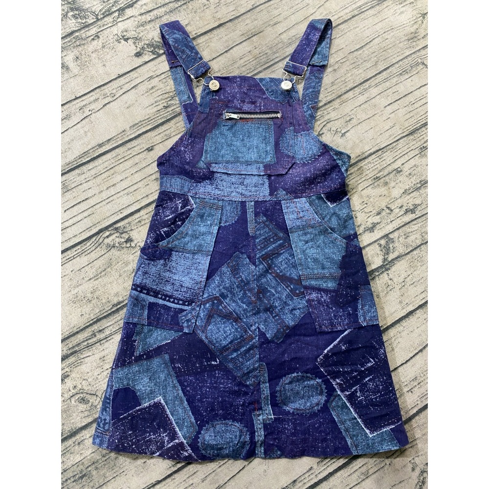 60s 70s Vtg Kids Overall Dress Patchwork Colorblock Print Thin‎ (Fits 6-7)